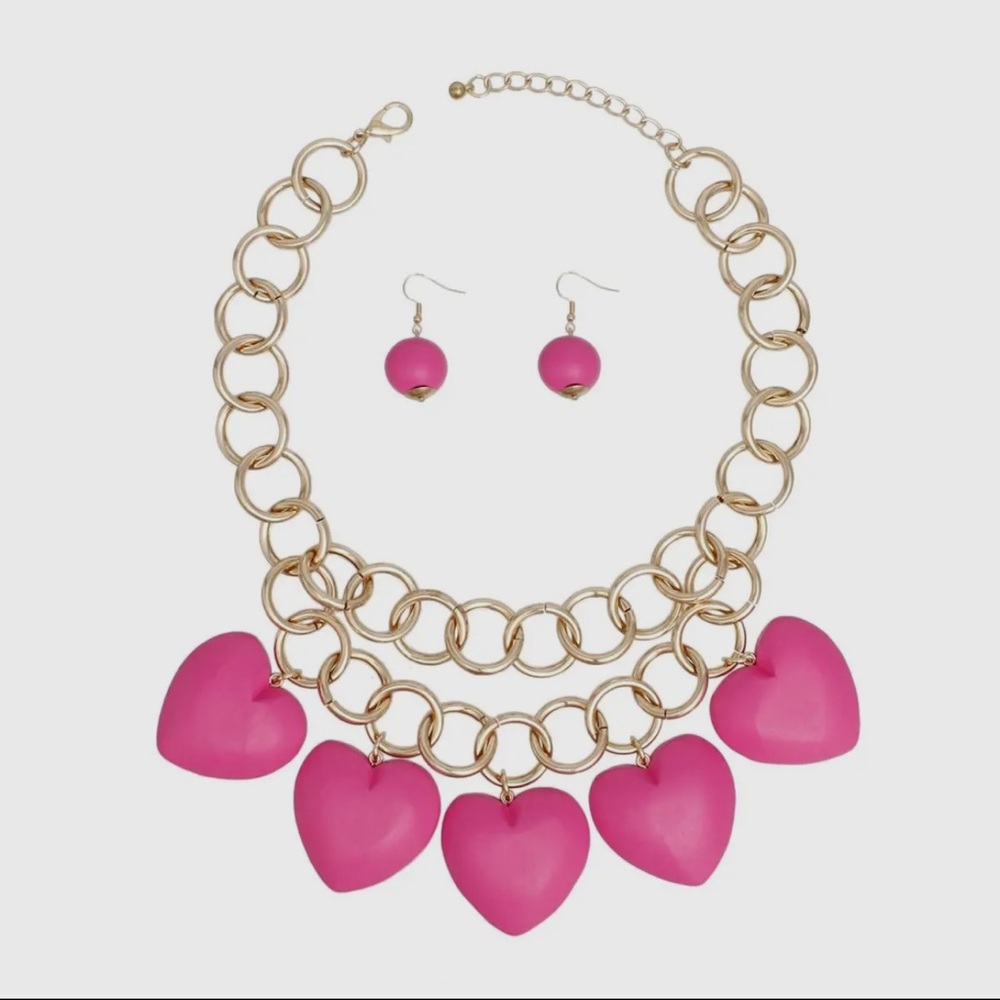 Pink Heart Necklace and Earring Set